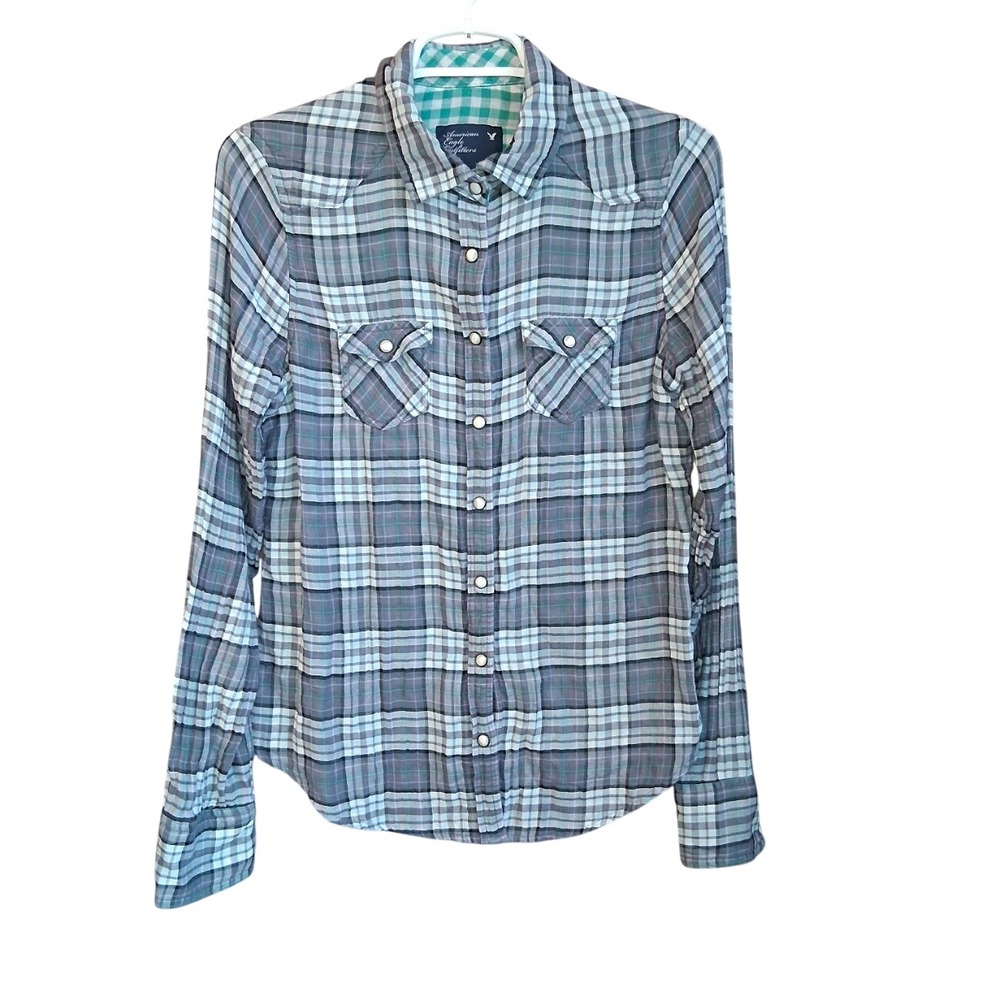 Amerian Eagle Y2K Pearl‎ snap Ladies Flannel Sz 10 Blue Green & White Plaid EUC